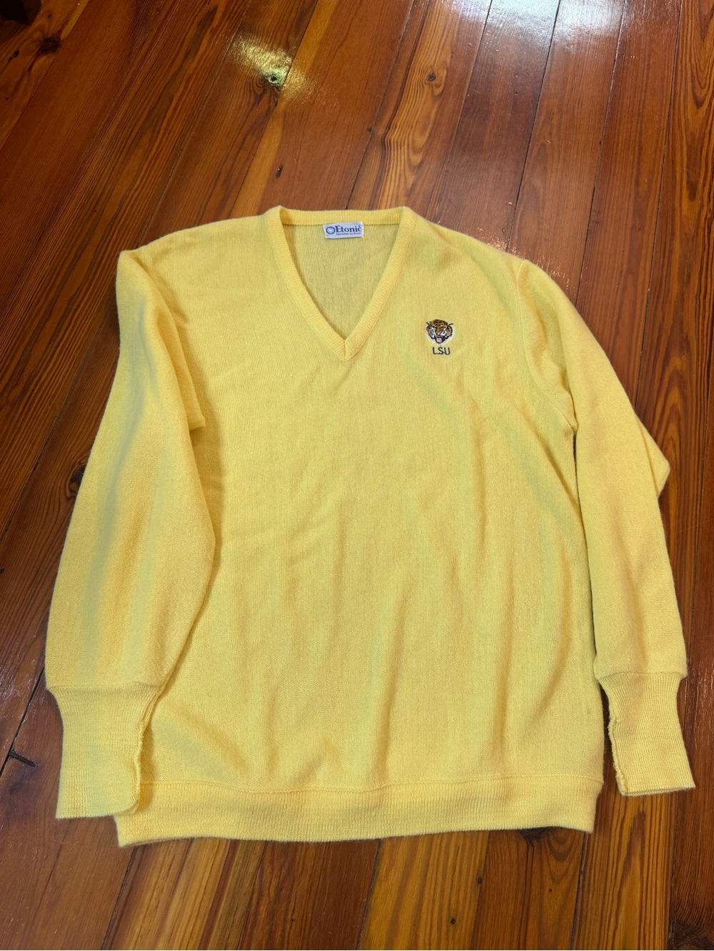 Yellow V-Neck Sweater with Embroidered LSU Tiger Logo Etonic by Eaton
